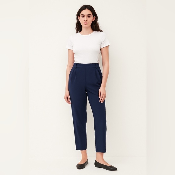 LOFT Pants - Loft High Rise Straight Elastic Waist Pull On Pleated Trouser in Navy